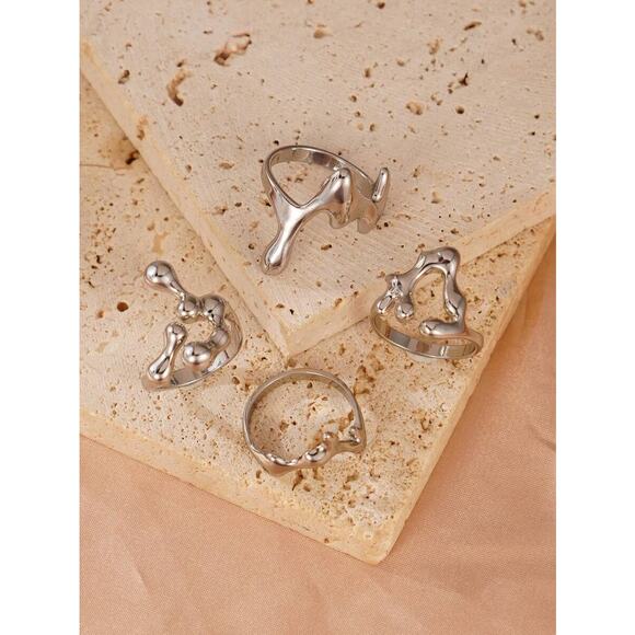 4x Chic Avant Garde Molten Liquid Silver Metal Drip Ring Set - Picture 4 of 5